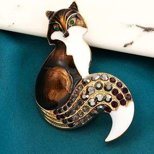 Fox Brooch Enamel Pin Brown Rhinestones Green Eyes Gold Tone Stylish Trendy Cute